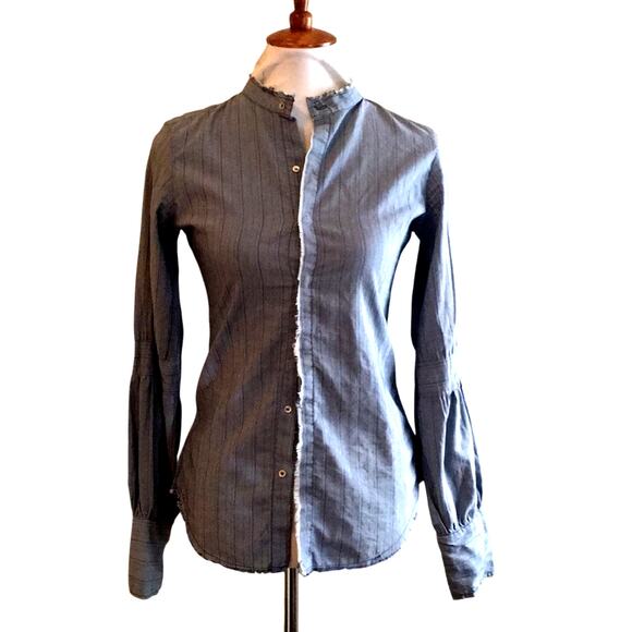 Y2K Joie Blue Pinstripe Blouse XS – Frayed Trim & Pleated Sleeves - Picture 1 of 10